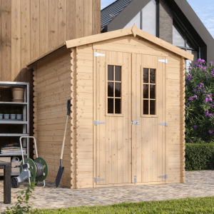 Timbela Holz-Gartenhaus M320C, beige-braun, mit Doppeltür und Fenster. Ideal zur Aufbewahrung im Garten.