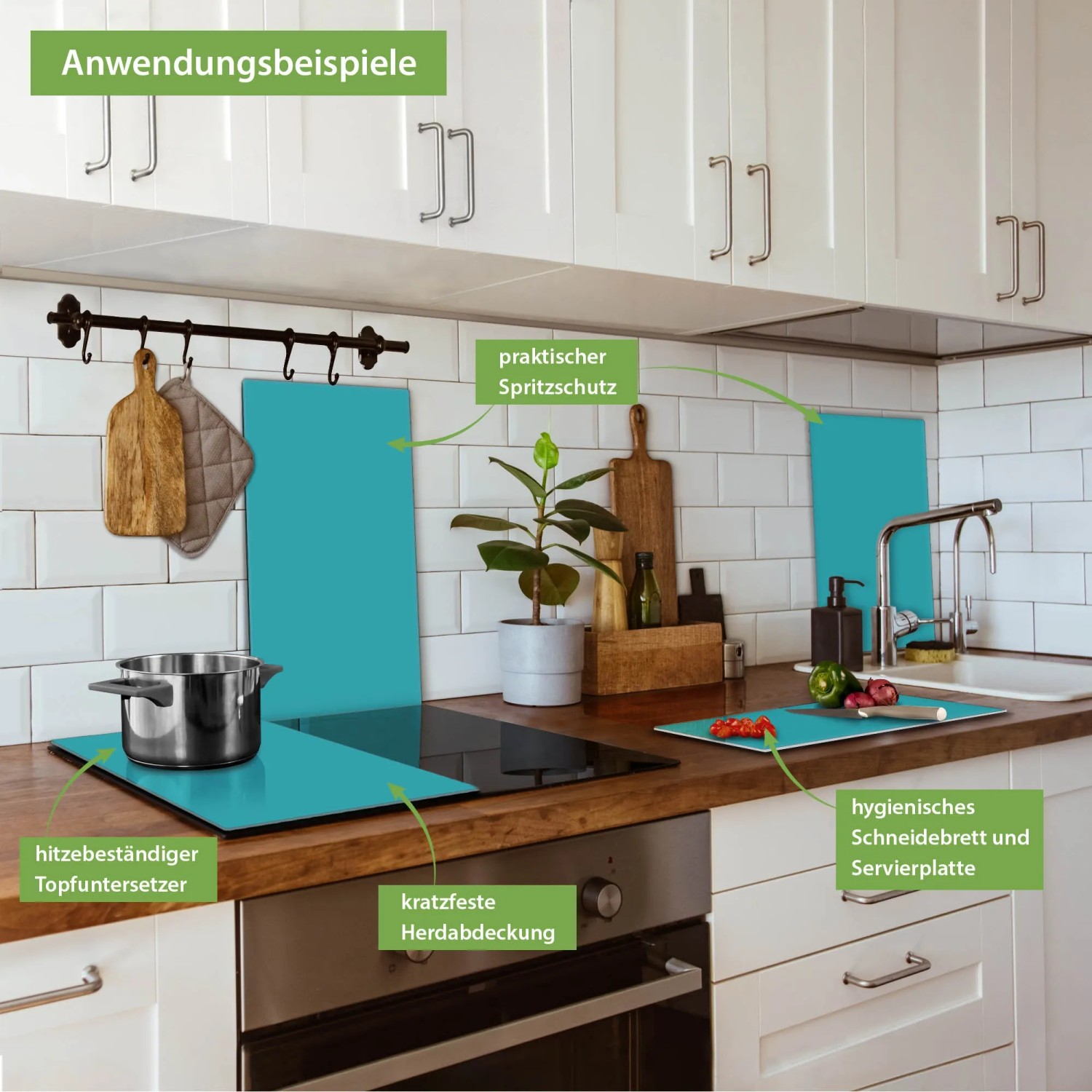 Türkise Banjado Herdabdeckplatten aus Glas (2-teilig) als Schneidebrett und Spritzschutz in Küche.