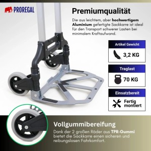 PROREGAL Klappbare Profi-Sackkarre ELEPHANT 110x39x42cm Traglast 70kg Aluminiumrahmen TRR Fachgummiräder Silber