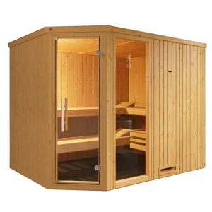 Weka Element-Ecksauna Varberg 4 Sparset mit Glastür und Fenster. Kompakte Sauna aus Fichtenholz.