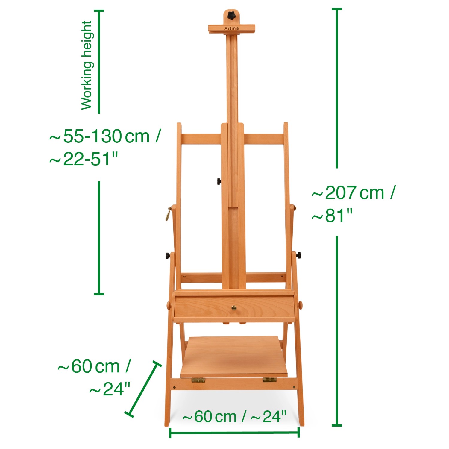Artina Napoli Staffelei aus Buchenholz, höhenverstellbar mit Schublade und Ablage.