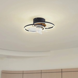 Schwarzer Lindby LED Deckenventilator Lomana mit Lampe und dimmbaren Lichtringen.