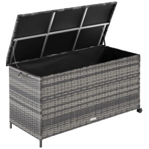Geöffnete Tectake Auflagenbox Kuusamo (253 L) aus Polyrattan mit Rollen und Alugestell.