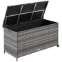 Geöffnete Tectake Auflagenbox Kuusamo (253 L) aus Polyrattan mit Rollen und Alugestell.