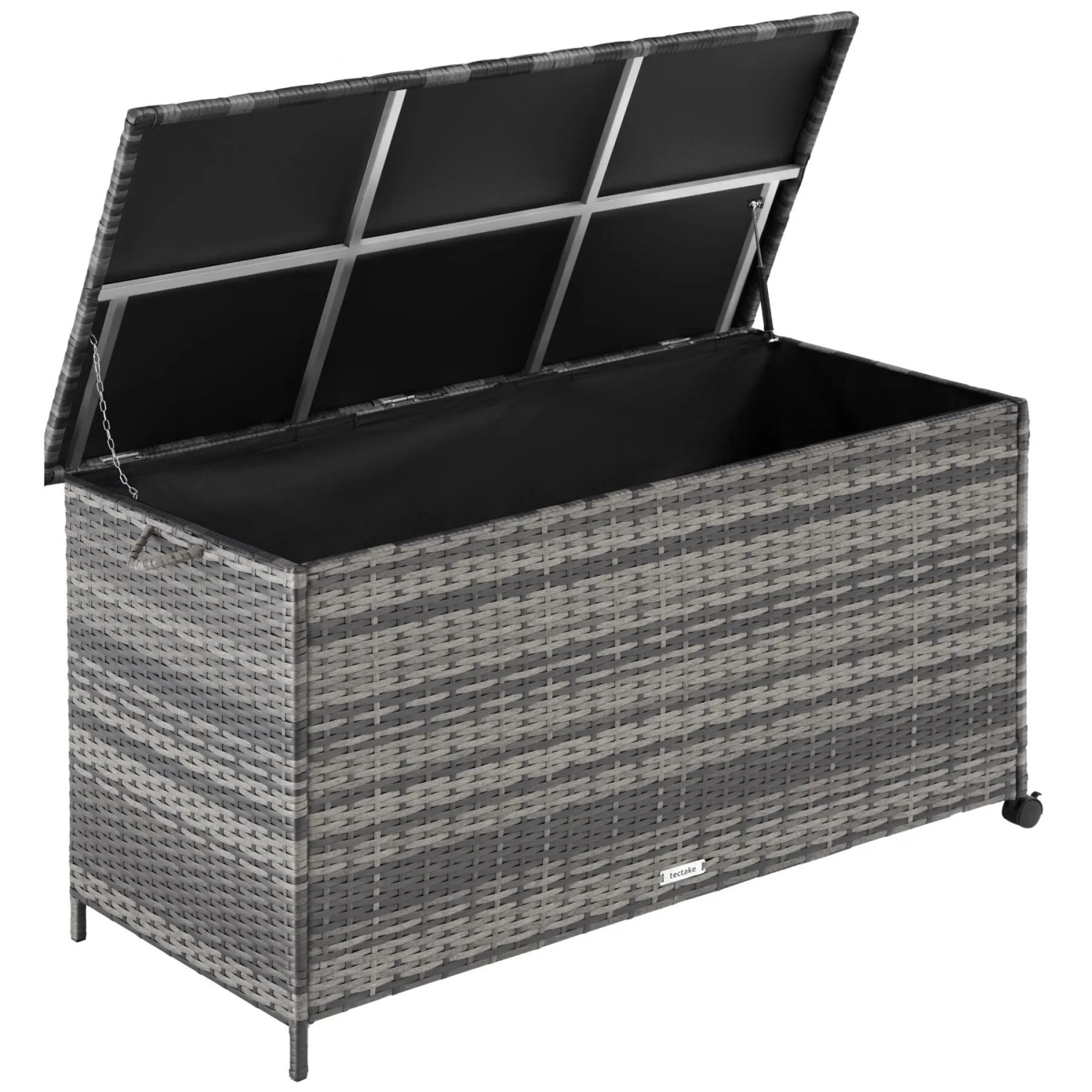 Tectake Auflagenbox Kuusamo 253 L  Mit Aluminiumgestell und Rattangeflecht Griffschlaufe und 2 Drehbare Rollen Mit Feststellbremse  116 x 54 x 64 cm G