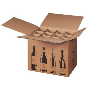 Brauner Versandkarton für 12 Weinflaschen, offen mit Einlagen. Ideal für sicheren Flaschenversand und Umzugskartons.