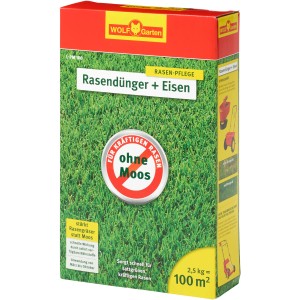Wolf-Garten Rasendünger plus Eisen, 2,5 kg Packung für einen dichten, grünen Rasen ohne Moos.