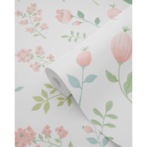 ESTAhome Vliestapete mit Blumenmuster in Rosa und Graugrün, Rolle teilweise aufgerollt.