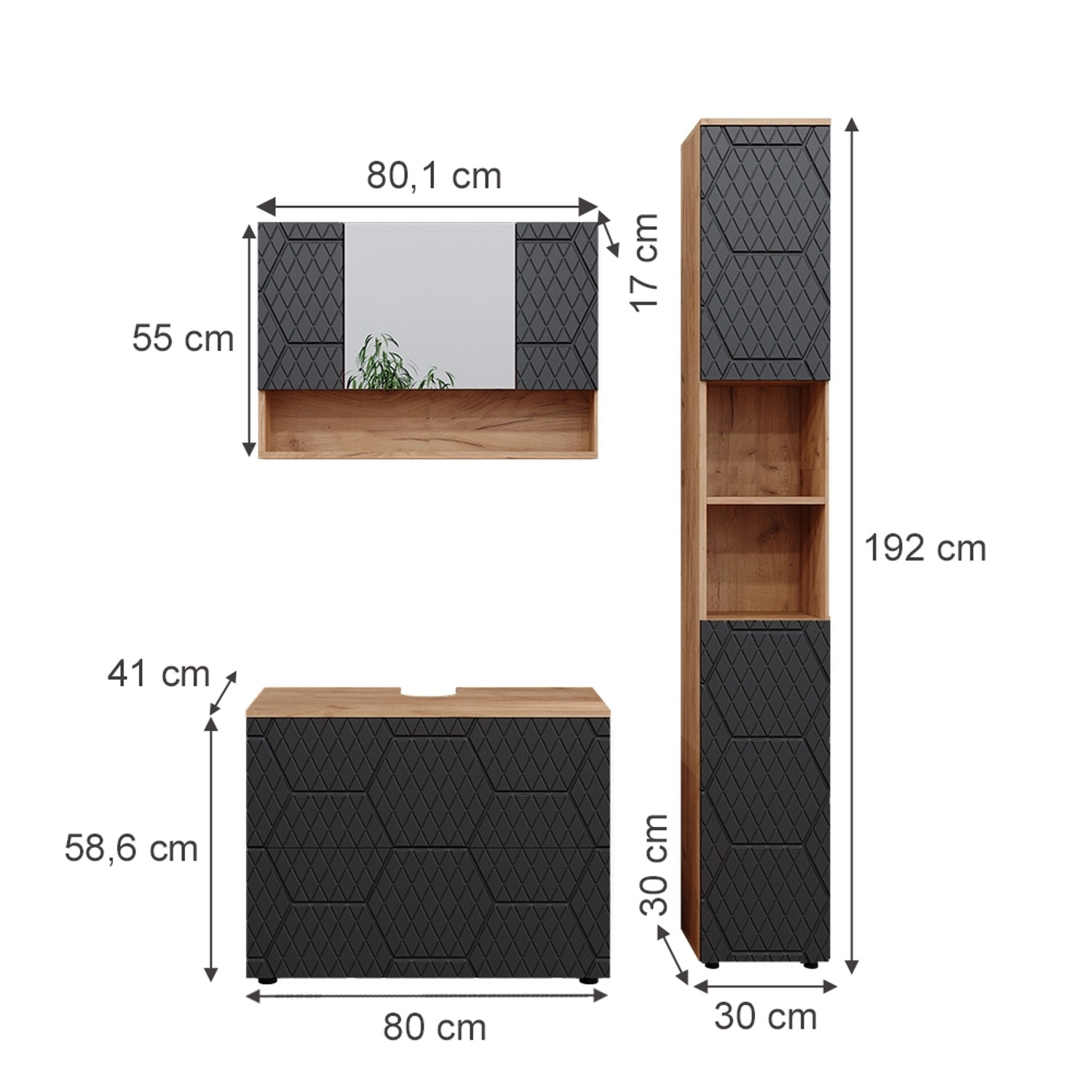 Vicco Badmöbel-Set Irma, 3-teilig in Eiche/Anthrazit mit Spiegelschrank (80 cm).