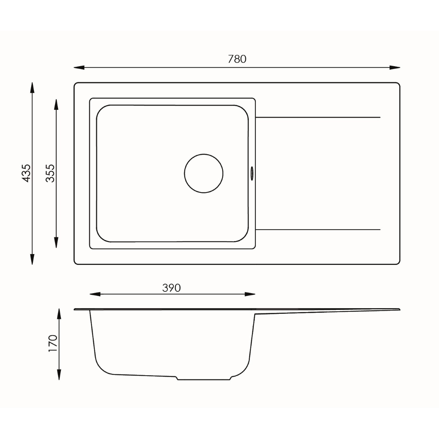 Technische Zeichnung: Respekta Einbauspüle Mineralite Denver, 78x44 cm, weiße Granitspüle mit Becken und Abtropffläche.