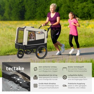 Beiger Tectake Hundeanhänger Woofrider als Jogger mit Hund und zwei Personen.