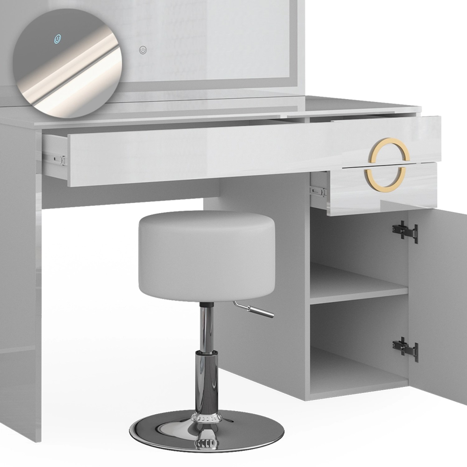 Weißer Vicco Schminktisch Adela mit LED-Spiegel und Hocker. Eleganter Kosmetiktisch mit Stauraum.