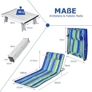 Diagramm: Grün-blau gestreifte Strandmatte mit verstellbarer Rückenlehne und klappbarer Beistelltisch. Entfaltete & gefaltete Maße.
