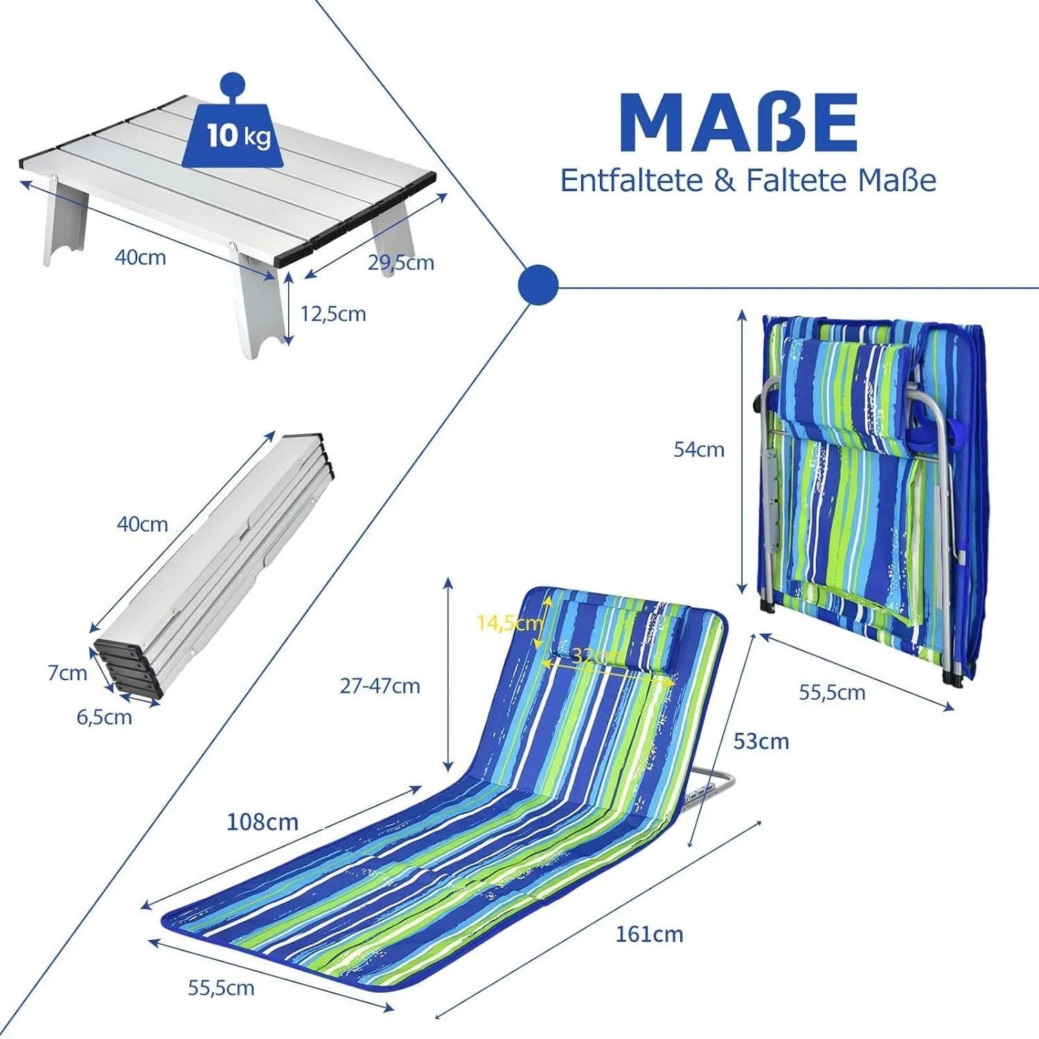Costway 2er Set Strandmatten grün mit Tisch: Maße der Sonnenliegen und des Tisches im Detail.