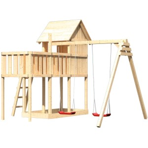 Karibu Stelzenhaus Frieda mit Doppelschaukel und Anbauplattform aus Holz.