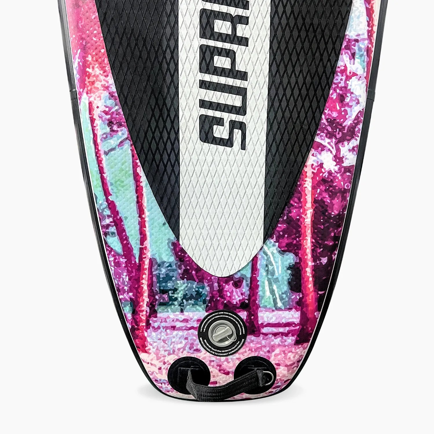 Suprfit Stand-Up Paddling Board Miami Mint. Nahaufnahme der Boardspitze mit mintgrünem Palmen-Design, Ventil, D-Ringen.
