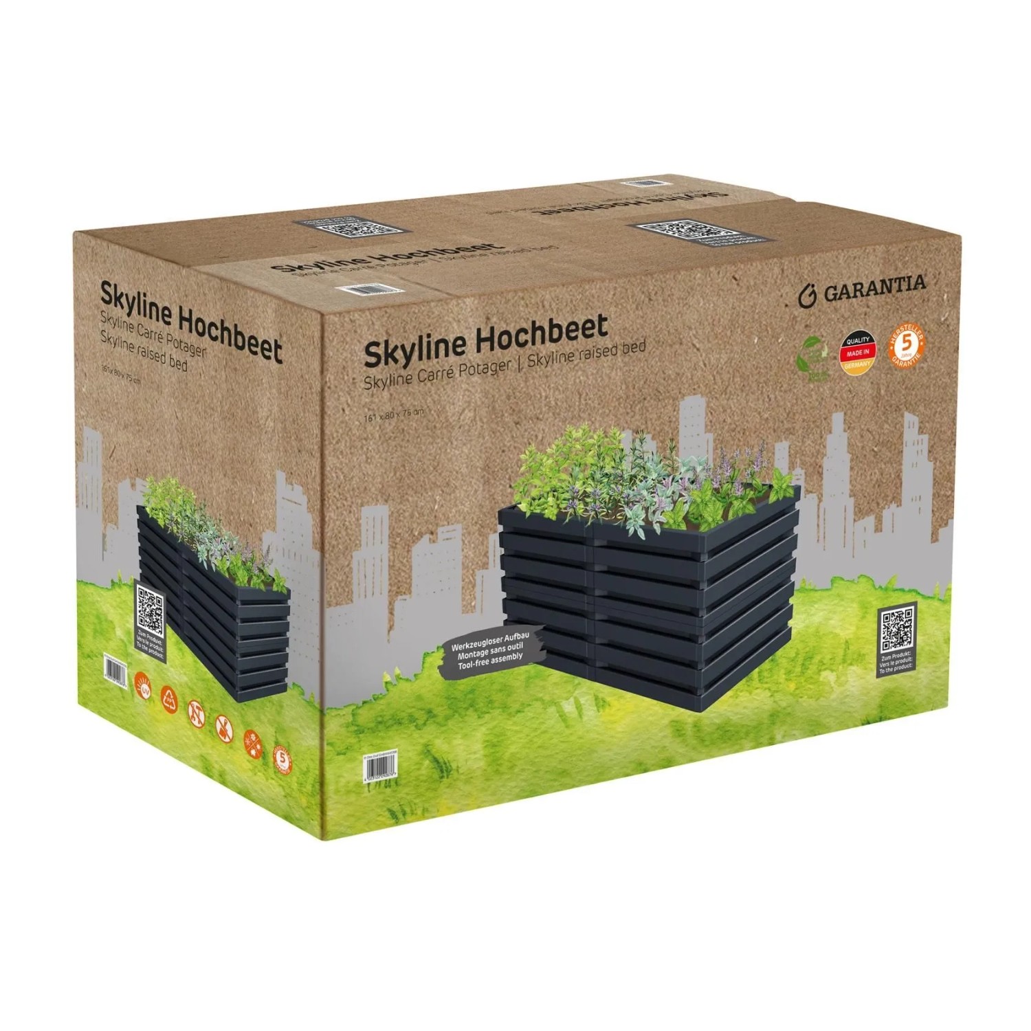 Verpackung des Garantia Hochbeet Skyline, 161x80x75 cm, Graphite Grey, ein Kunststoff-Hochbeet.