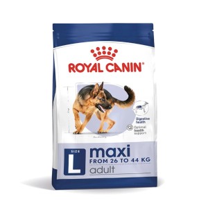 Royal Canin Maxi Adult Trockenfutter für große Hunde. Weiß-blaue Packung mit Schäferhund. Für Verdauung & Gelenke.