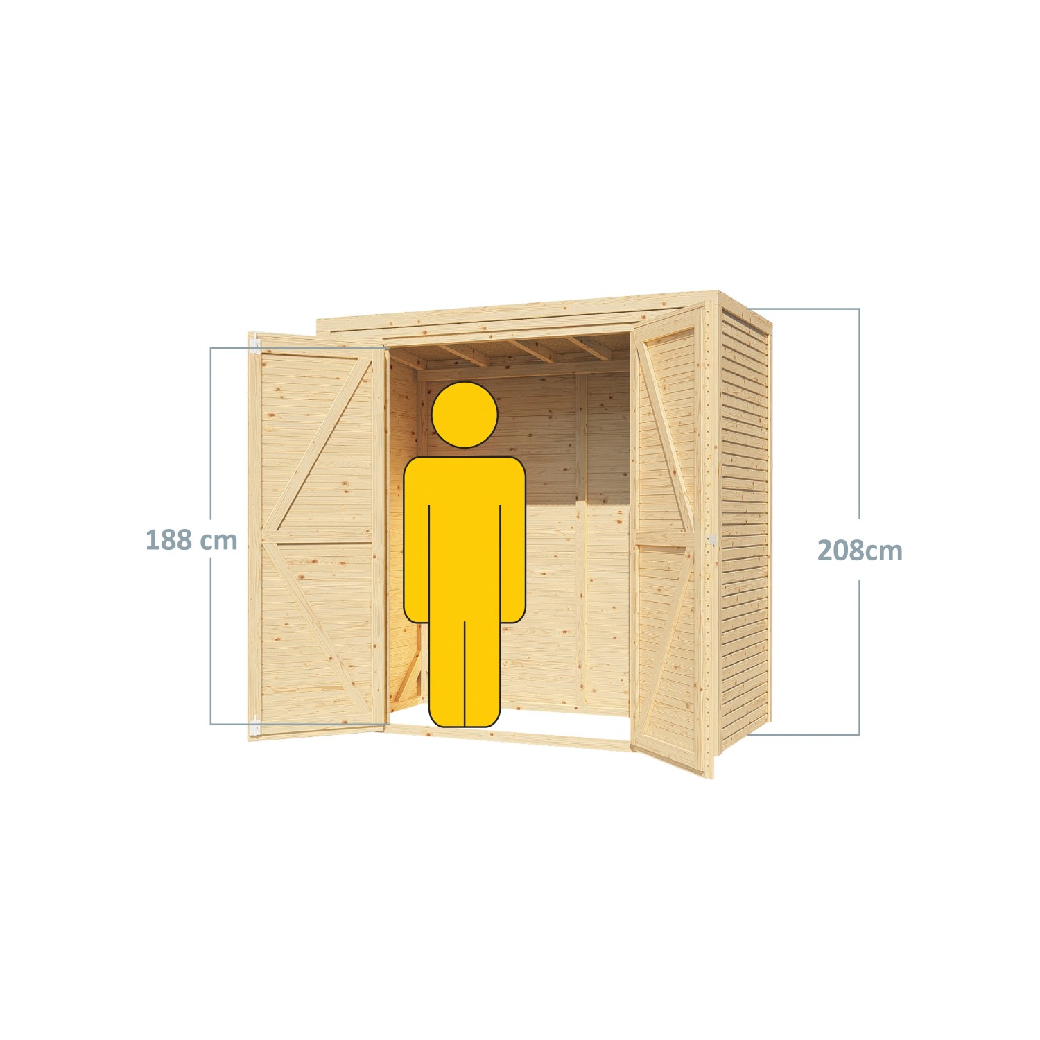 Bertilo Holz-Gartenhaus Box 1 Grau, 208x103cm, mit geöffneter Doppeltür und Größenangabe.