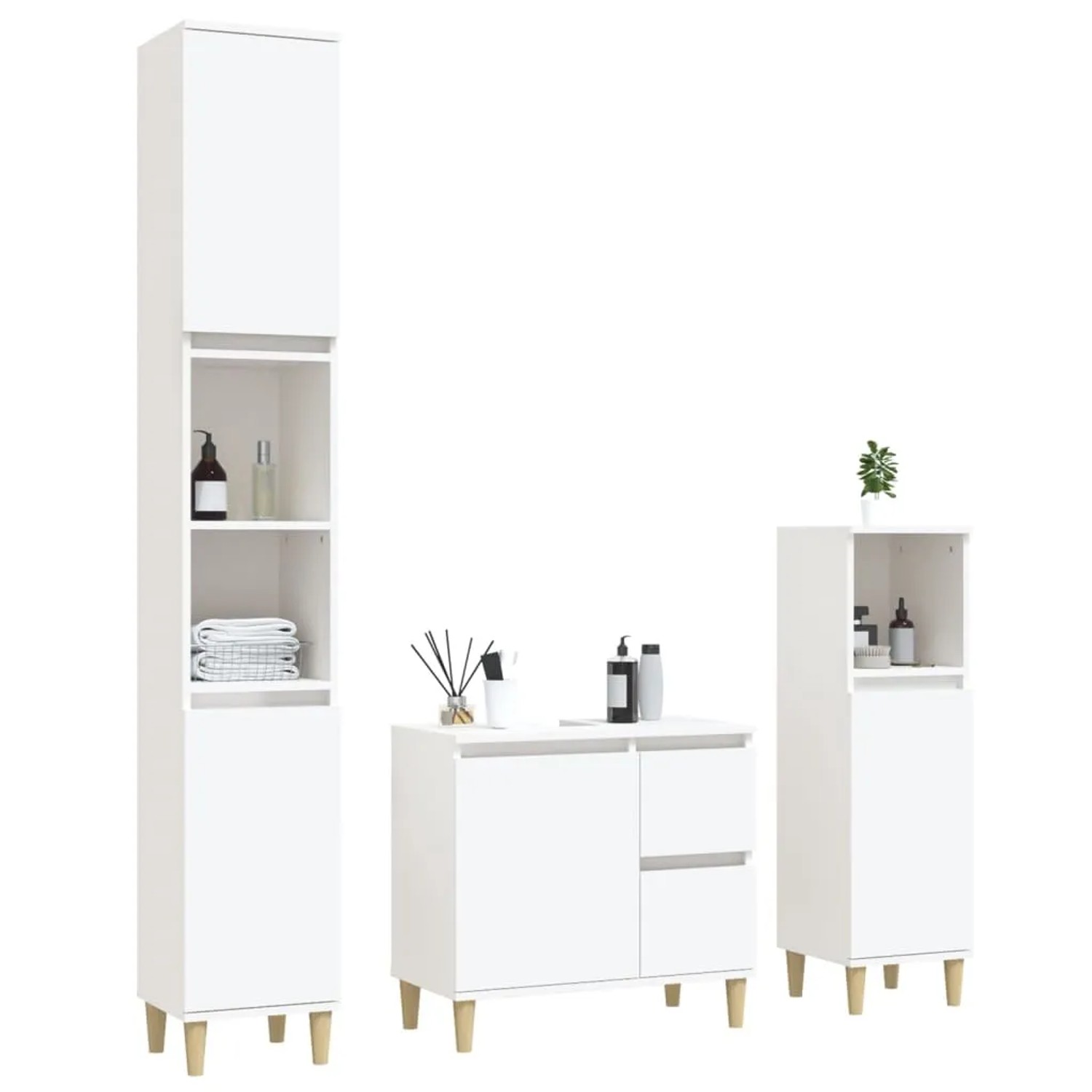 vidaXL Badmöbel-Set, 3-teilig, weiß. Badschrank, Waschbeckenunterschrank und Hochschrank aus Holzwerkstoff.
