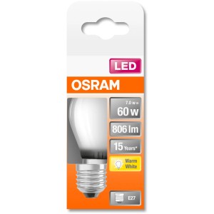 Osram LED-Lampe E27 Tropfenform, 5,5W, 806lm, warmweiß, nicht dimmbar.