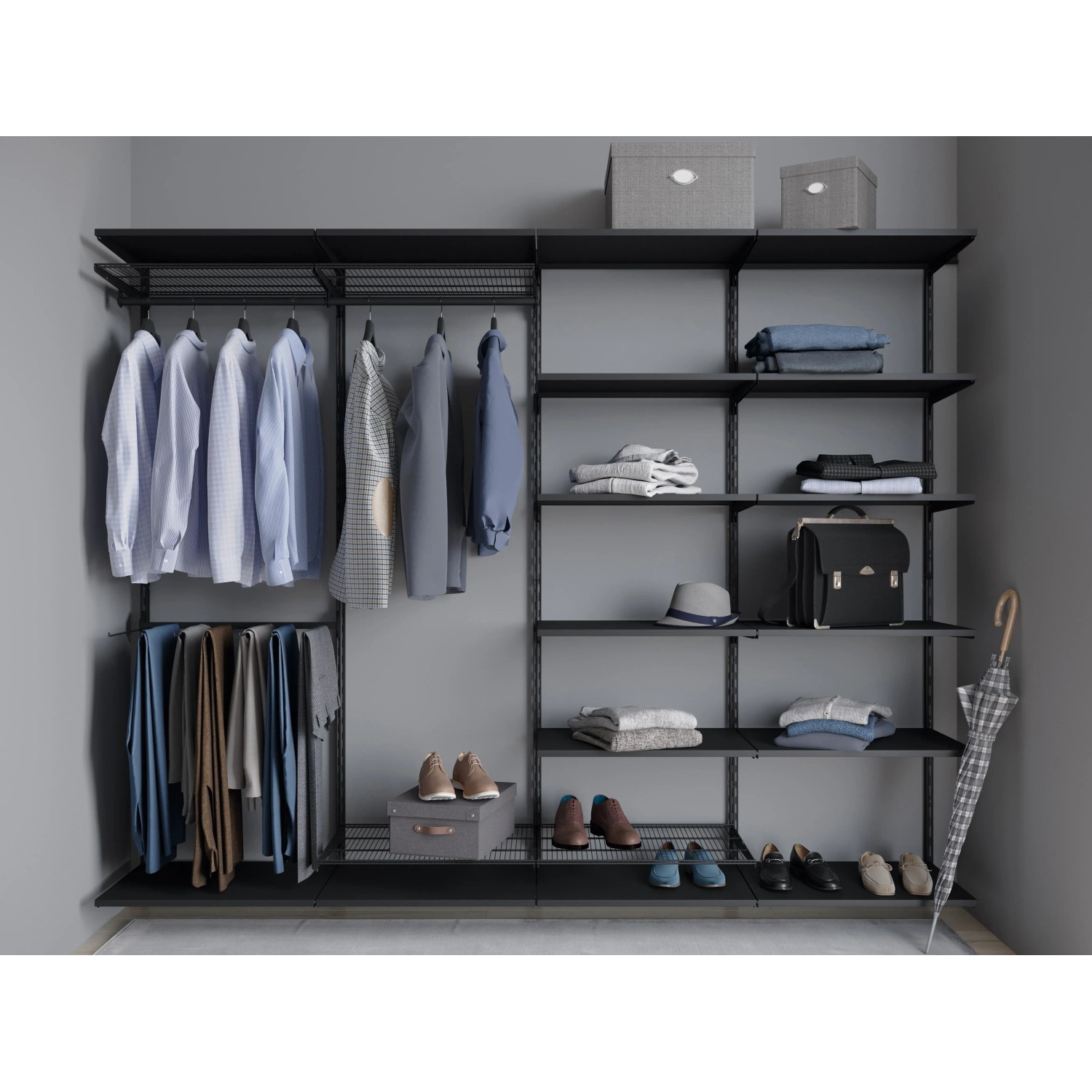 Schwarzes Regalsystem mit Stahl-Fachböden, Kleidung und Accessoires.