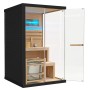 Artsauna Vantaa Sauna 120x120 mit 3,5 kW Ofen, offene Glasfront, Ambientebeleuchtung und Zubehör.