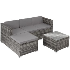 Graue Tectake Rattan Lounge Lignano für 3-4 Personen mit Tisch und Polstern.
