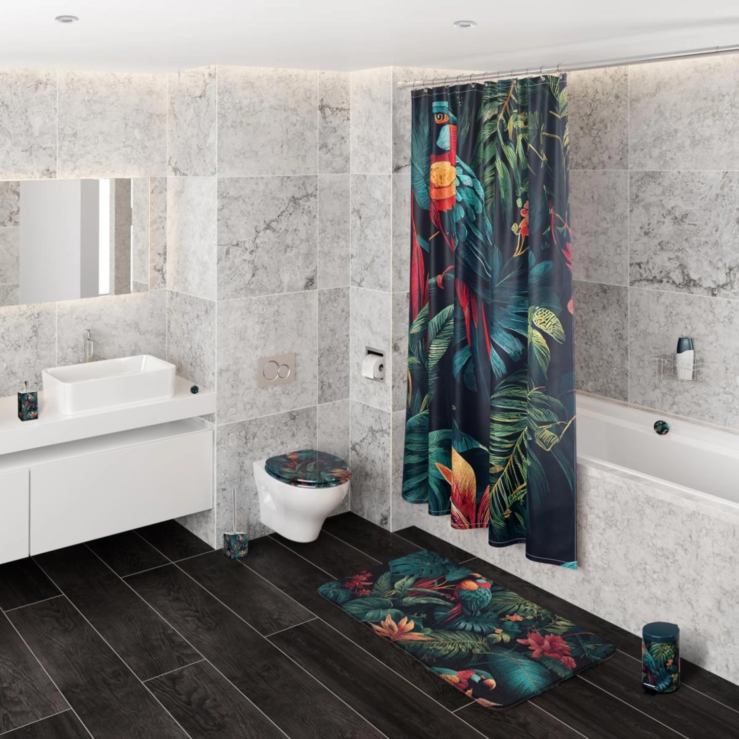 Badezimmer mit SANILO Wäschekorb Exotic und passenden Accessoires mit Dschungel-Motiv.