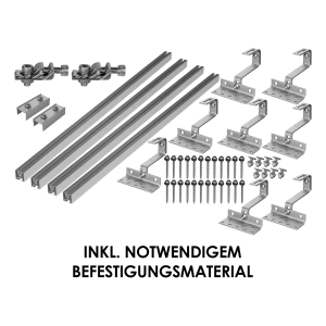 Vale Balkonkraftwerk Halterungsset für Ziegeldächer, alugrau, bestehend aus Schienen, Haken und Befestigungsmaterial.
