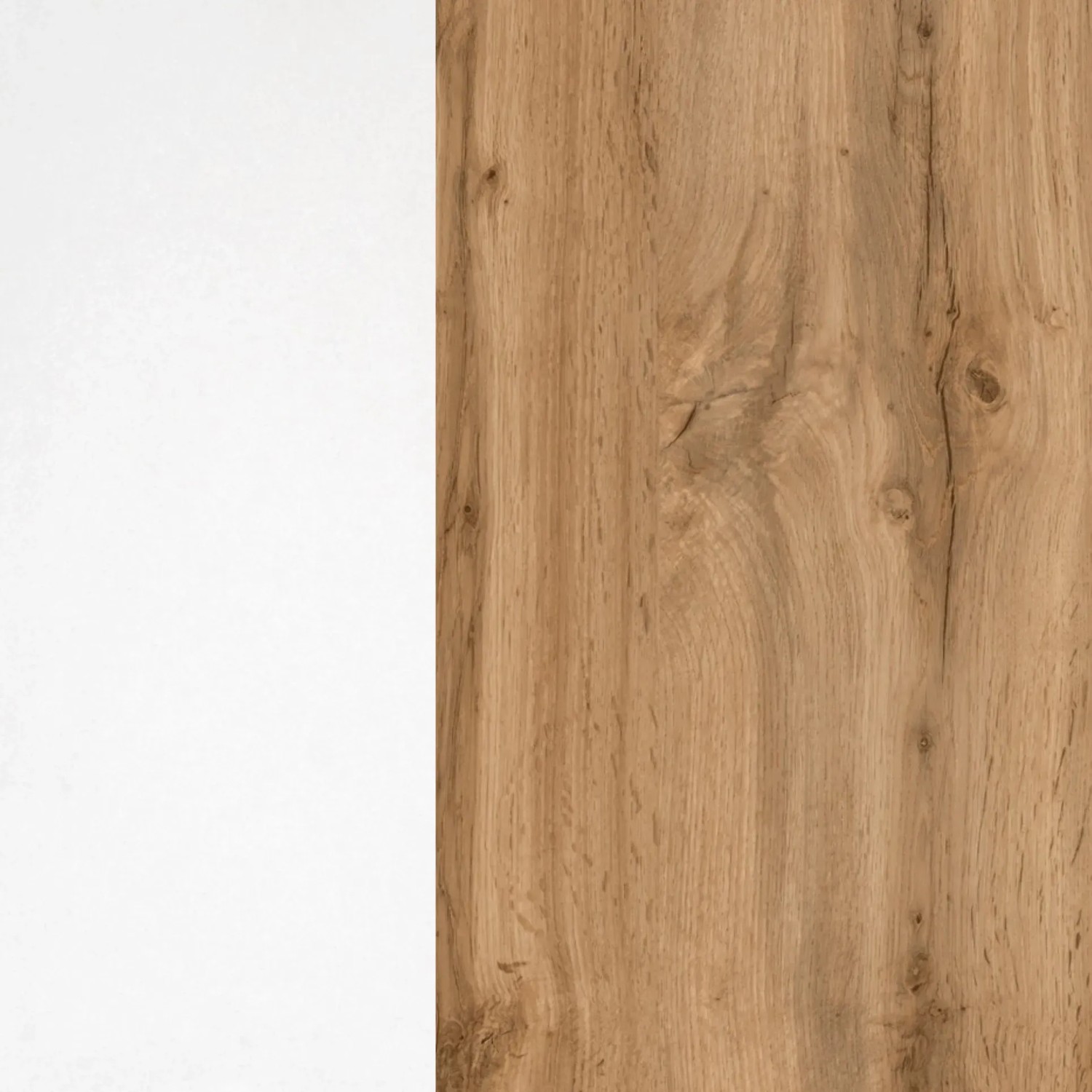 Detailaufnahme: Küchenzeile Sorrento in Weiß und Wotaneiche, Front- und Arbeitsplatten-Design.