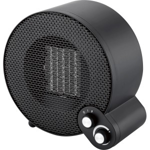 Schwarzer Keramikheizer Tjörn 900 W mit zwei Drehreglern für Heizstufen und Thermostat.