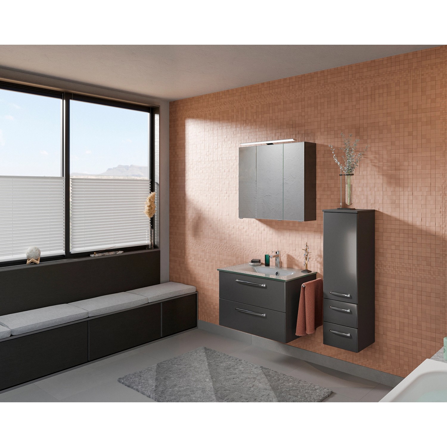 Pelipal Trentino Bad-Hängeschrank in Anthrazit Hochglanz, 30 cm breit. Badezimmer-Einrichtung.