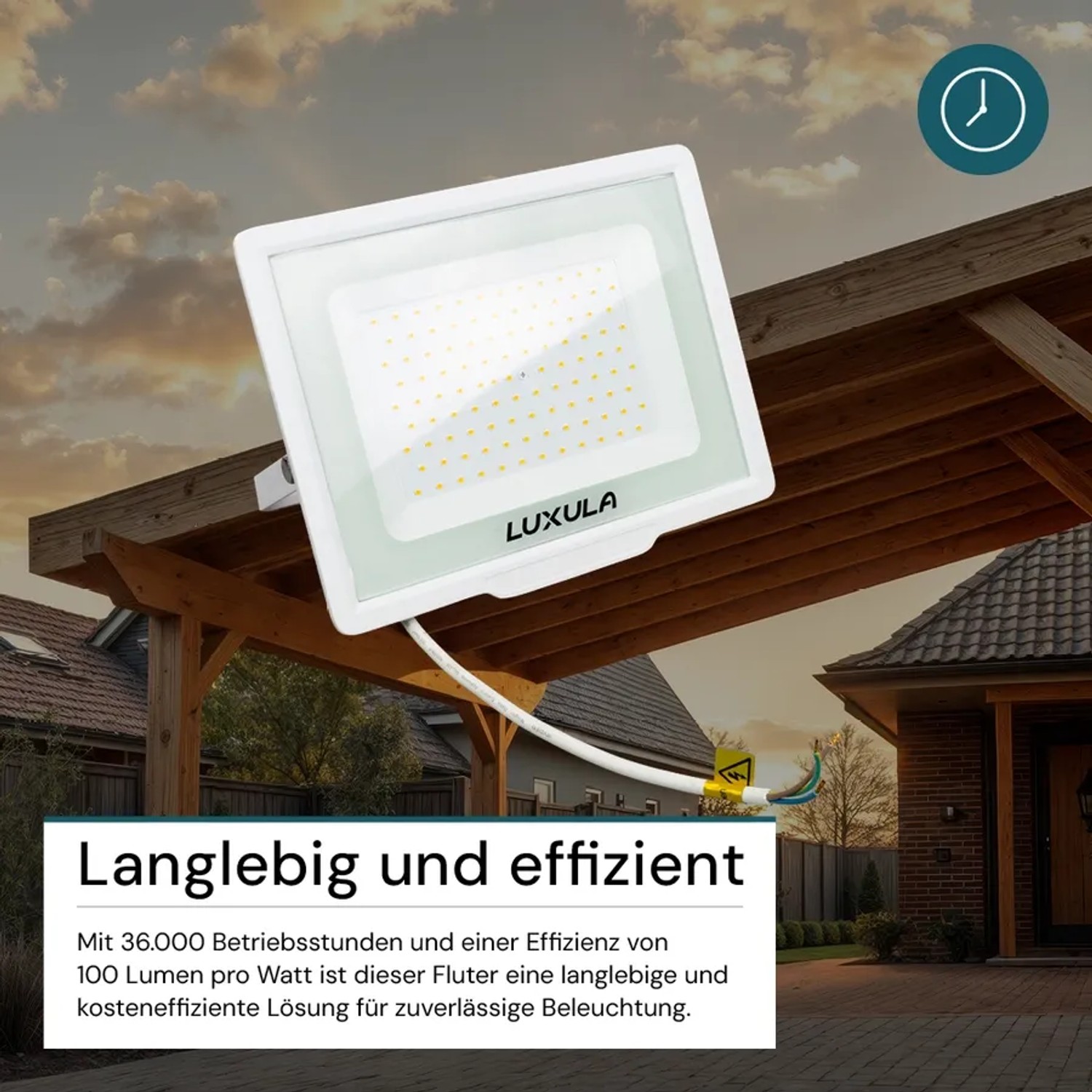 LUXULA LED Strahler 100W, warmweißes Licht, Slim Design, zur Montage an Decke/Wand im Außenbereich.