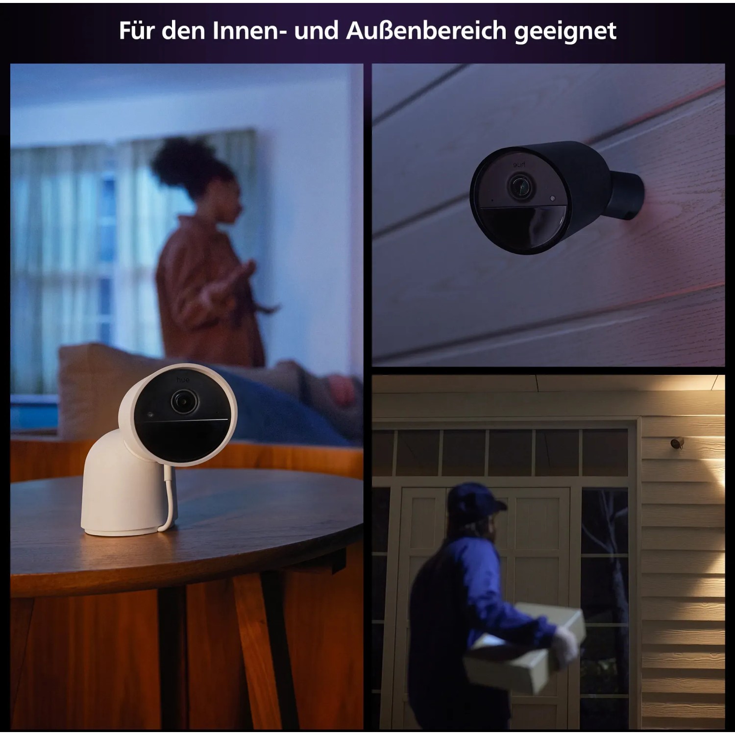 Philips Hue Secure Kamera kabellos, schwarz, für Innen- und Außenbereich.