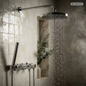 PaulGurkes Unterputz Duschset: Regendusche, Kreuzgriff-Armatur, Handbrause in verchromtem Design. Wasser läuft.