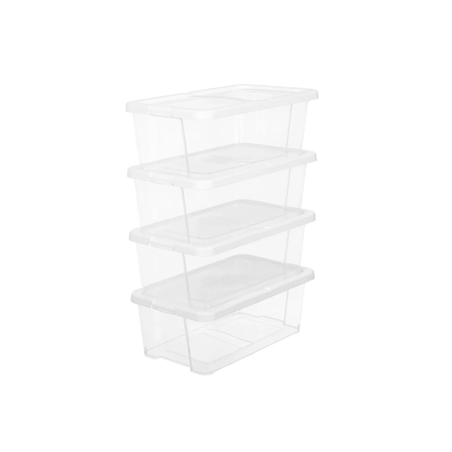 Stapel aus 4 transparenten Songmics Schuhboxen mit weißen Deckeln, 12er Set.
