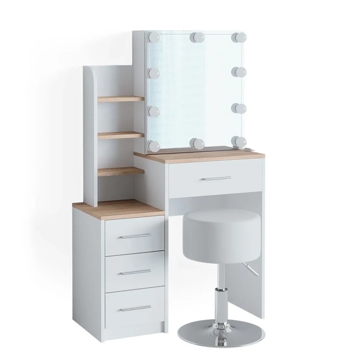 Vicco Schminktisch Conrada Weiß/Sonoma 80 x 132 mit Spiegel, LED-Lichterkette und Hocker