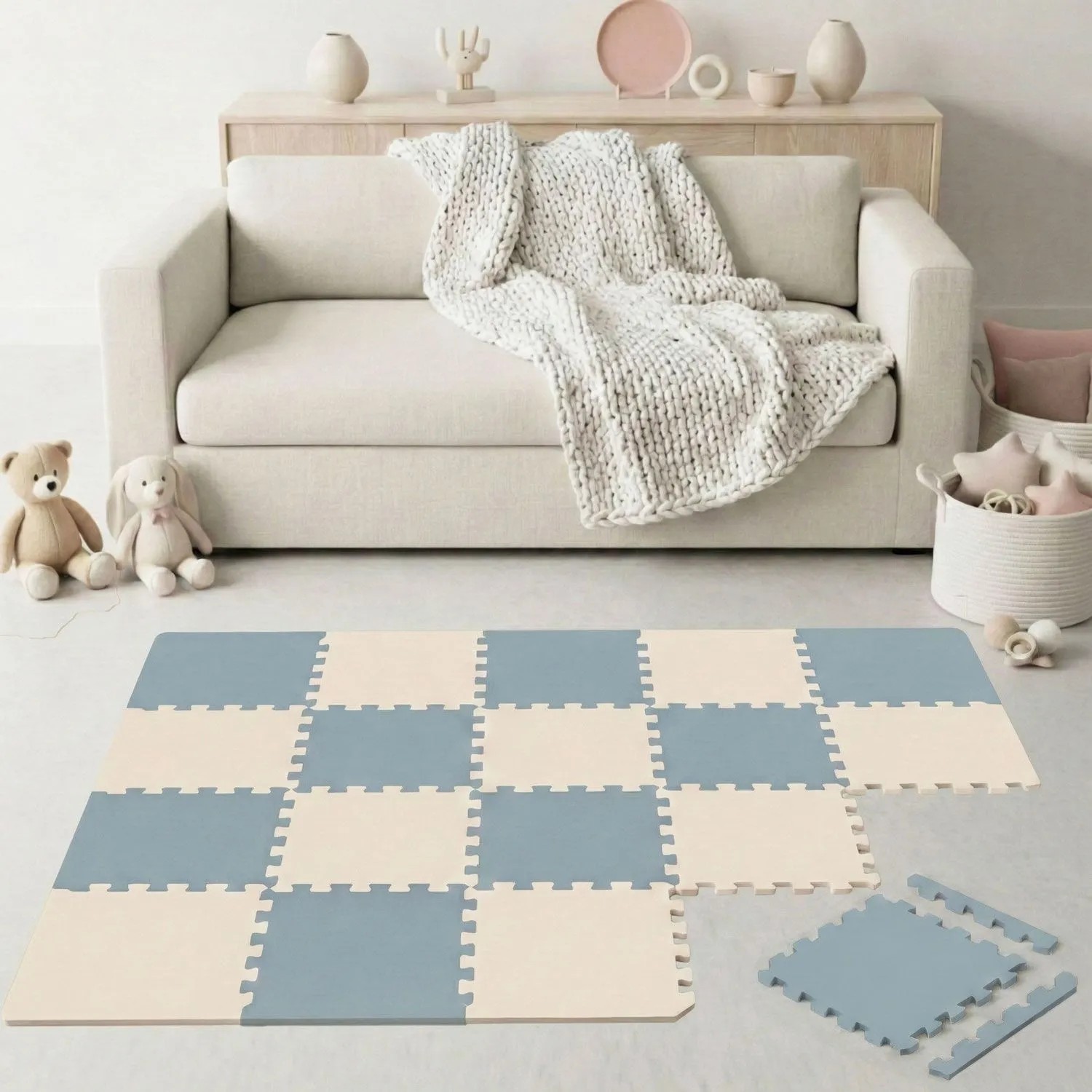 LittleTom Spiel- & Krabbelmatte Puzzlematte 18-teilig 30 x 30 cm Grau Blau Beige