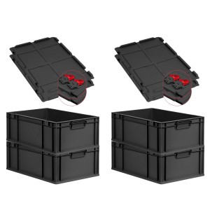 PROREGAL SuperSparSet: 4 schwarze Euroboxen mit Deckel und roten Verschlüssen, 44 Liter.