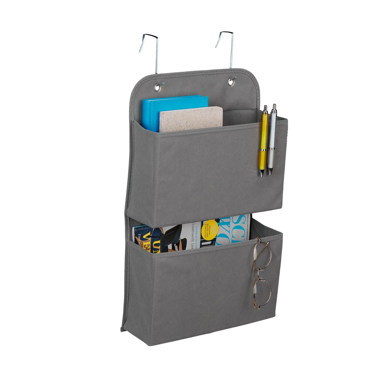 Relaxdays Hängeorganizer Vlies Pappe Grau 2 Fächer Faltbar 50 cm x 31 cm x 10 cm