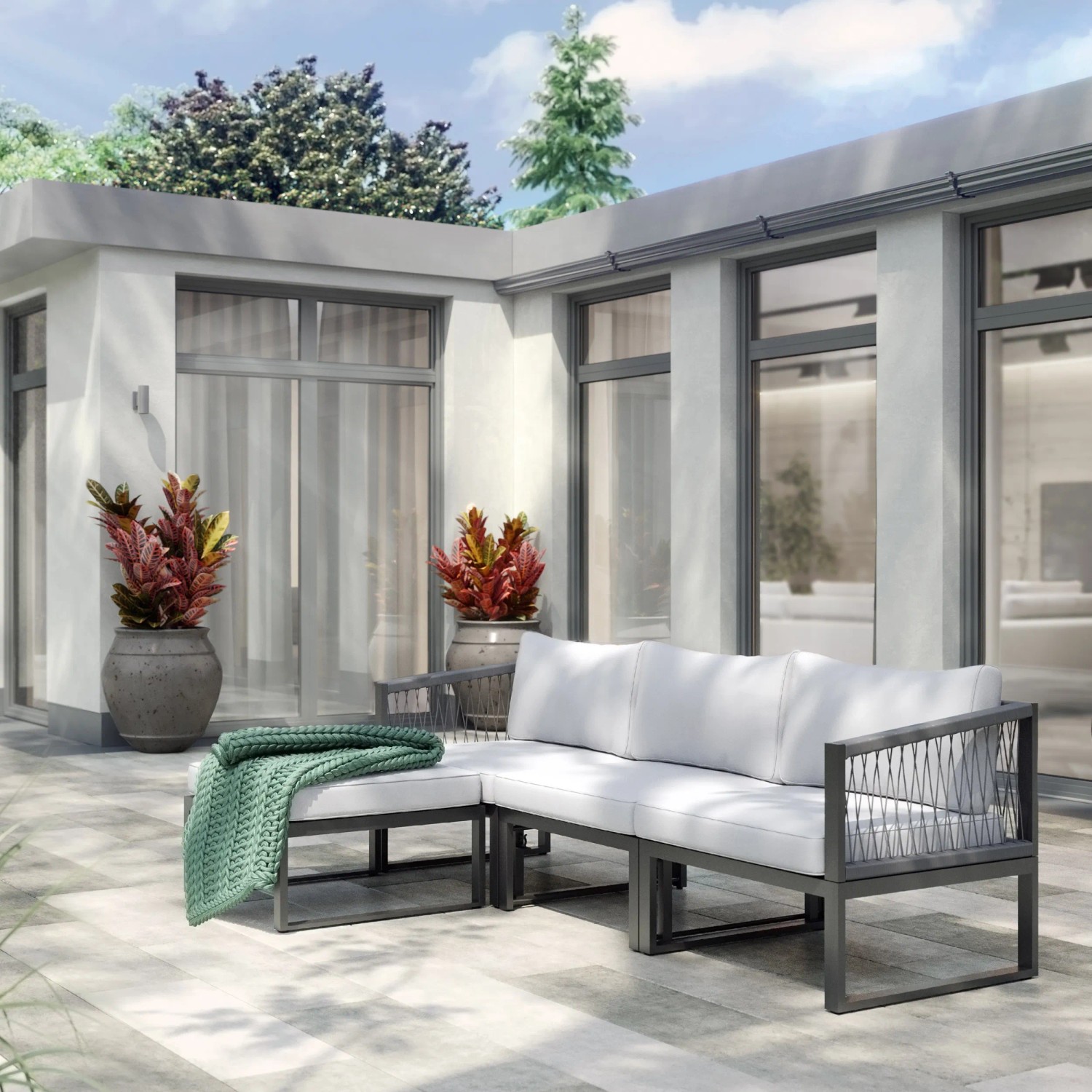 Anthrazitfarbenes 4-teiliges Lounge-Set Willa aus Aluminium mit grauen Polstern für Garten oder Terrasse.