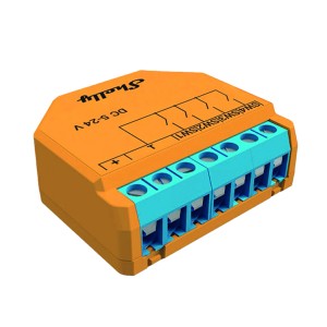 Shelly Plus i4 DC Relaismodul in Orange für Hausautomation.