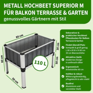 Kompaktes Metall Hochbeet Superior M in Anthrazit/Silber (80x50x80cm) für Garten, Balkon und Terrasse.