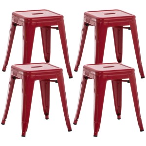 Vier rote Metallhocker Armin im 4er Set, stapelbar, mit quadratischer Sitzfläche.