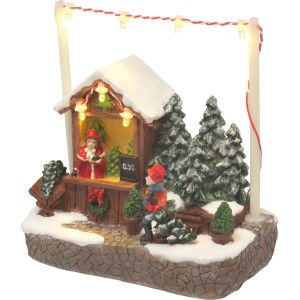 LED Weihnachtsdeko: Verkaufsstand mit Bäckerei, Tannenbäumen und Figuren, beleuchtet.