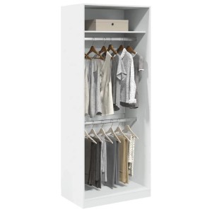 Weißer Kleiderschrank (80x50x200 cm) aus Holzwerkstoff mit Fächern und Kleiderstangen.