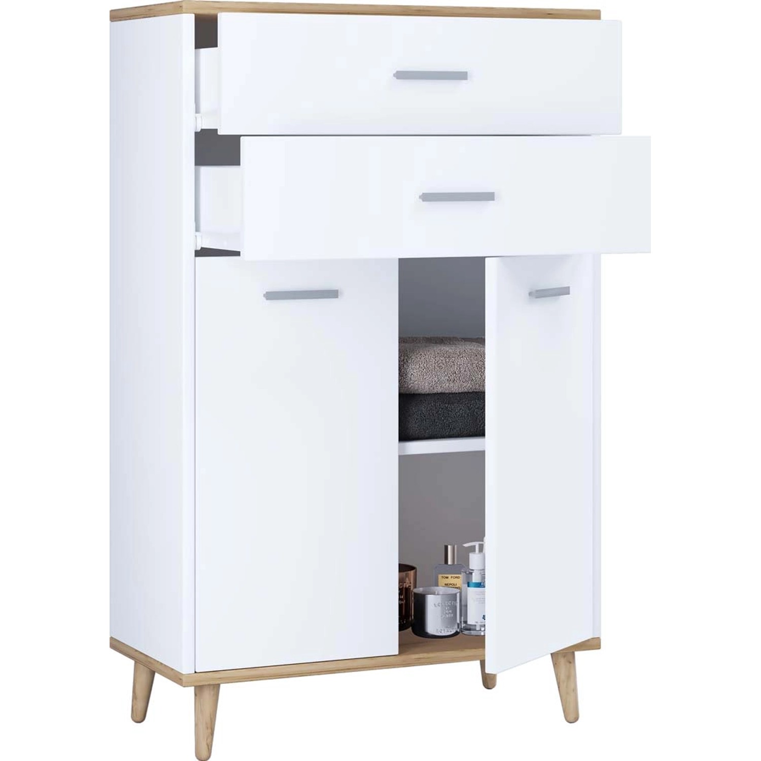 ebuy24 Lindas Kommode 2 Türen 2 Schubladen Weiß Eiche Dekor günstig online kaufen