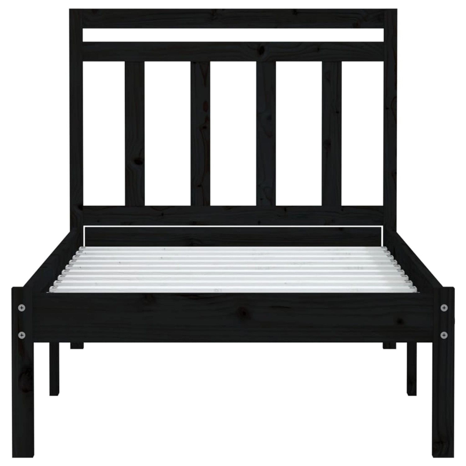 Schwarzes Massivholzbett 75x190 cm mit Lattenrost, geeignet für kleine Einzelmatratzen.