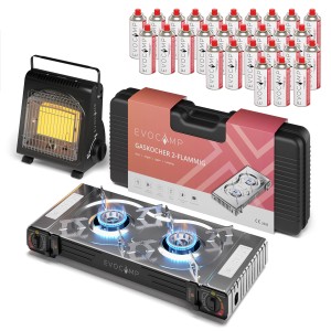 Evocamp Camping Gaskocher 2-flammig mit Heizung, Gaskartuschen und Transportkoffer.